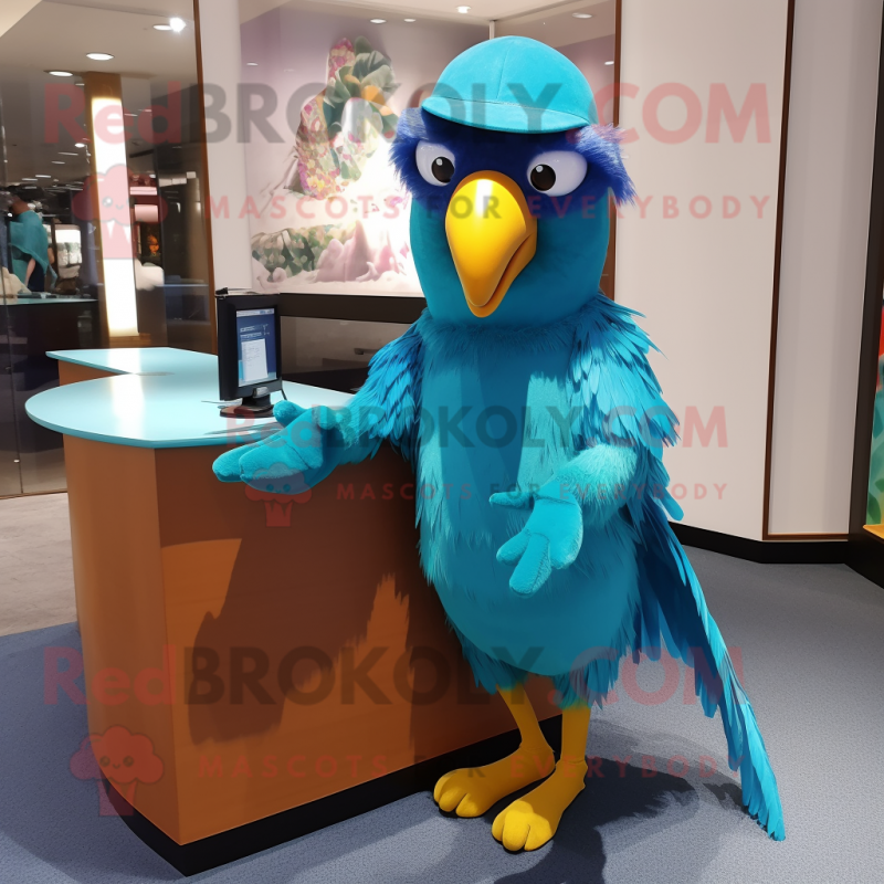 Turquoise Parrot mascot costume character dressed with a Shift Dress and Beanies