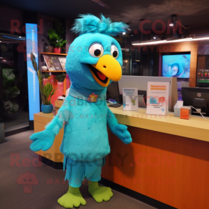 Turquoise Parrot mascot costume character dressed with a Shift Dress and Beanies