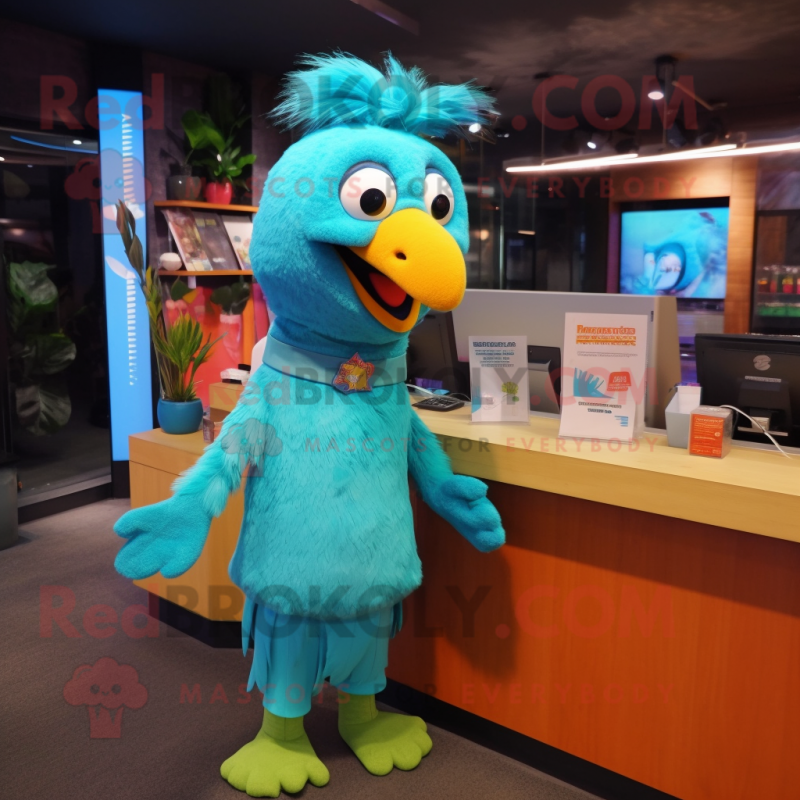 Turquoise Parrot mascot costume character dressed with a Shift Dress and Beanies Turquoise Parrot mascot costume character dressed with a Shift Dress and Beanies