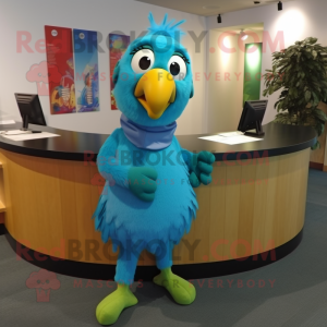 Turquoise Parrot mascot costume character dressed with a Shift Dress and Beanies