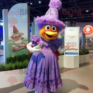 Lavender Chicken Parmesan mascot costume character dressed with a Maxi Skirt and Hat pins