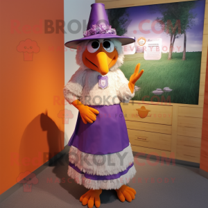 Lavender Chicken Parmesan mascot costume character dressed with a Maxi Skirt and Hat pins