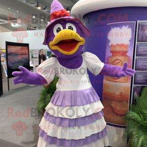 Lavender Chicken Parmesan mascot costume character dressed with a Maxi Skirt and Hat pins