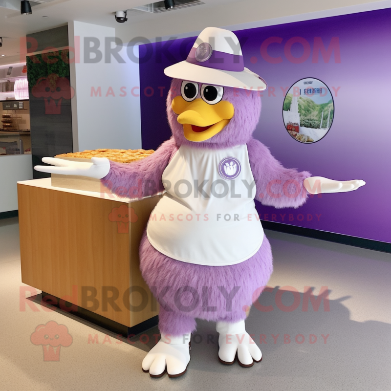 Lavender Chicken Parmesan mascot costume character dressed with a Maxi Skirt and Hat pins