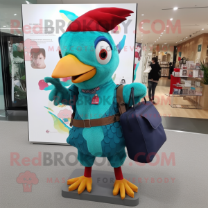 Turquoise Woodpecker mascot costume character dressed with a Blouse and Tote bags