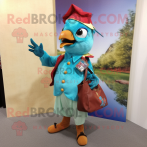 Turquoise Woodpecker mascot costume character dressed with a Blouse and Tote bags