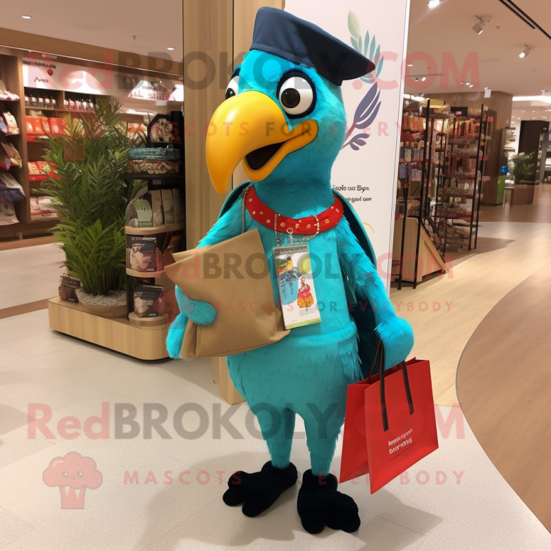 Turquoise Woodpecker mascot costume character dressed with a Blouse and Tote bags