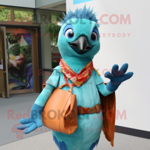 Turquoise Woodpecker mascot costume character dressed with a Blouse and Tote bags
