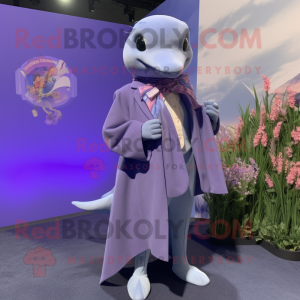Lavender Dolphin mascot costume character dressed with a Blazer and Shawl pins