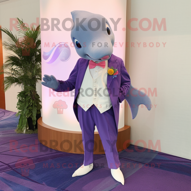 Lavender Dolphin mascot costume character dressed with a Blazer and Shawl pins