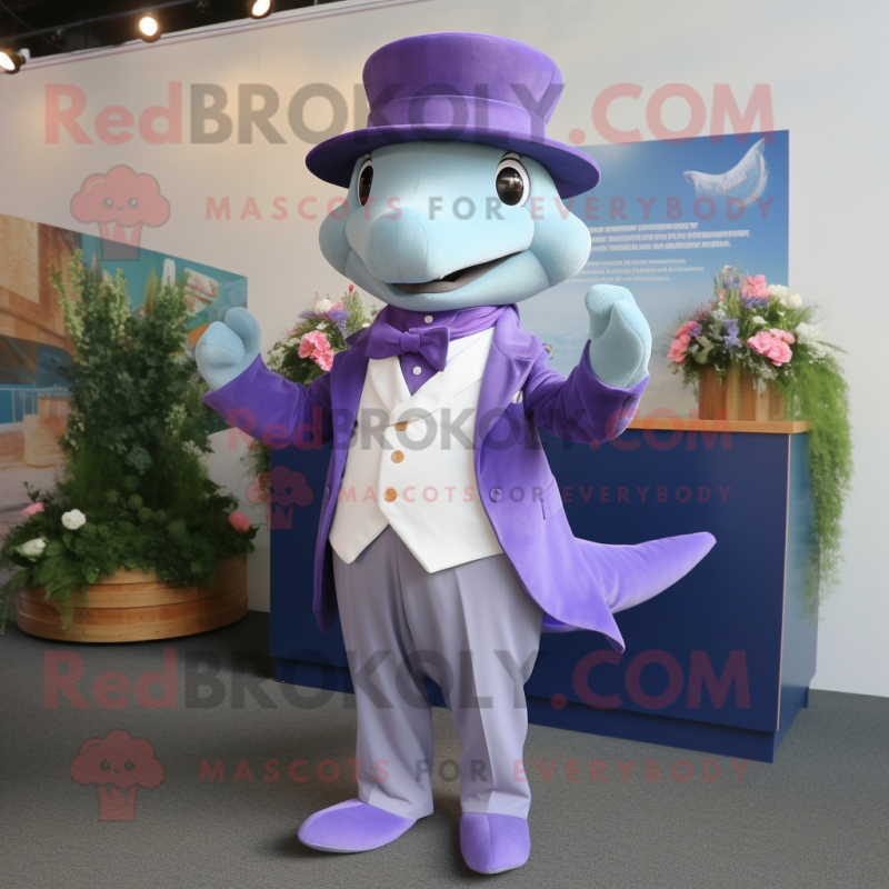 Lavender Dolphin mascot costume character dressed with a Blazer and Shawl pins Lavender Dolphin mascot costume character dressed with a Blazer and Shawl pins