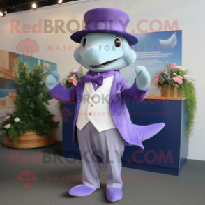 Lavender Dolphin mascot costume character dressed with a Blazer and Shawl pins