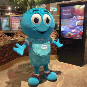 Turquoise Chocolates mascot costume character dressed with a Board Shorts and Coin purses