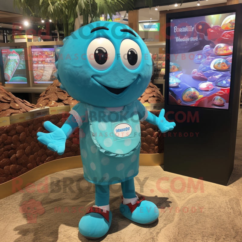 Turquoise Chocolates mascot costume character dressed with a Board Shorts and Coin purses Turquoise Chocolates mascot costume character dressed with a Board Shorts and Coin purses