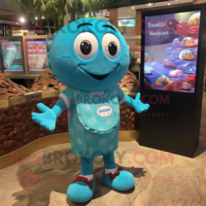 Turquoise Chocolates mascot costume character dressed with a Board Shorts and Coin purses