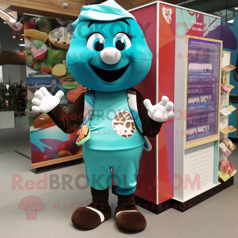 Turquoise Chocolates mascot costume character dressed with a Board Shorts and Coin purses