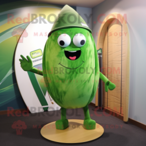 Green Melon mascot costume character dressed with a Board Shorts and Shawl pins