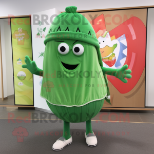 Green Melon mascot costume character dressed with a Board Shorts and Shawl pins