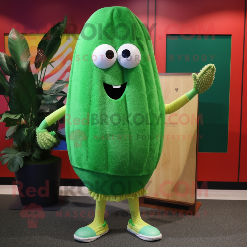 Green Melon mascot costume character dressed with a Board Shorts and Shawl pins