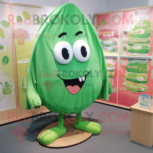 Green Melon mascot costume character dressed with a Board Shorts and Shawl pins