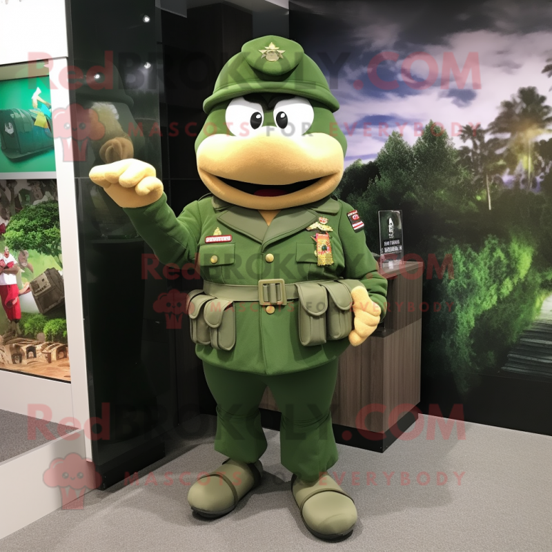 Forest Green Army Soldier mascot costume character dressed with a Blazer and Keychains