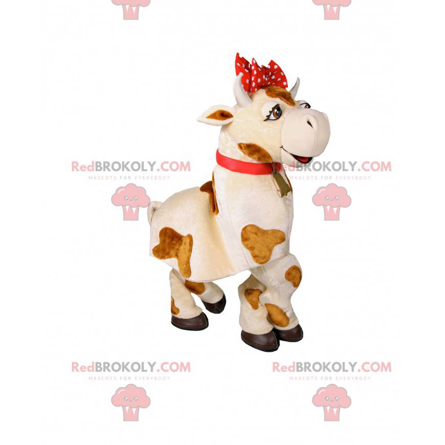 Mascotte mucca bianca e marrone con un fiocco rosso - Mascotte mucca bianca e marrone con un fiocco rosso -