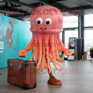 Rust Jellyfish mascot costume character dressed with a Romper and Briefcases