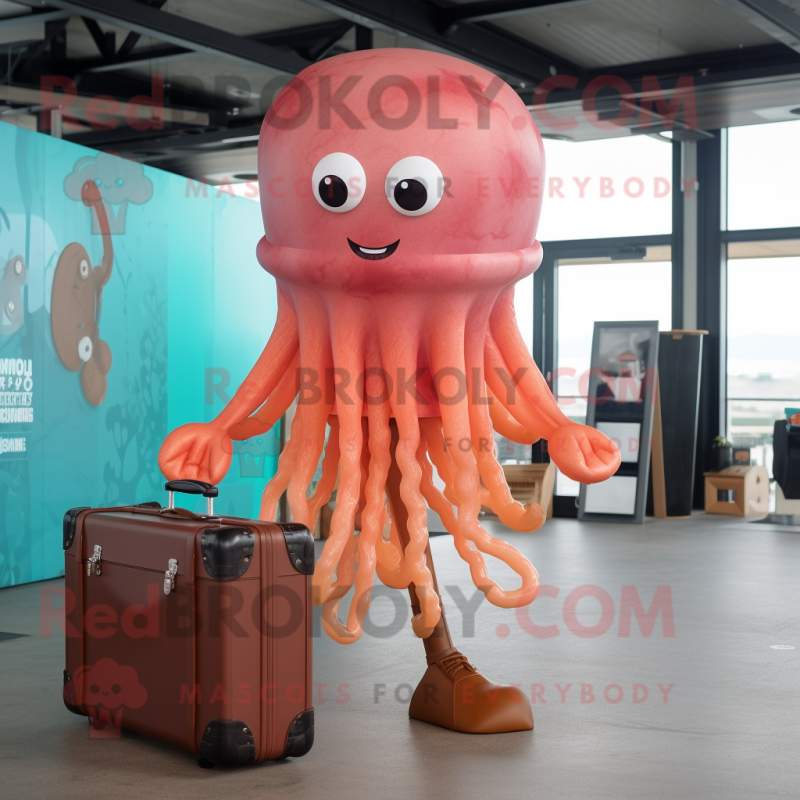 Rust Jellyfish mascot costume character dressed with a Romper and Briefcases Rust Jellyfish mascot costume character dressed with a Romper and Briefcases