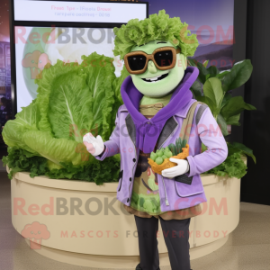 Lavender Caesar Salad mascot costume character dressed with a Jacket and Eyeglasses
