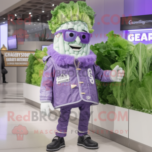 Lavender Caesar Salad mascot costume character dressed with a Jacket and Eyeglasses