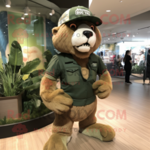 Forest Green Smilodon mascot costume character dressed with a Cargo Shorts and Caps