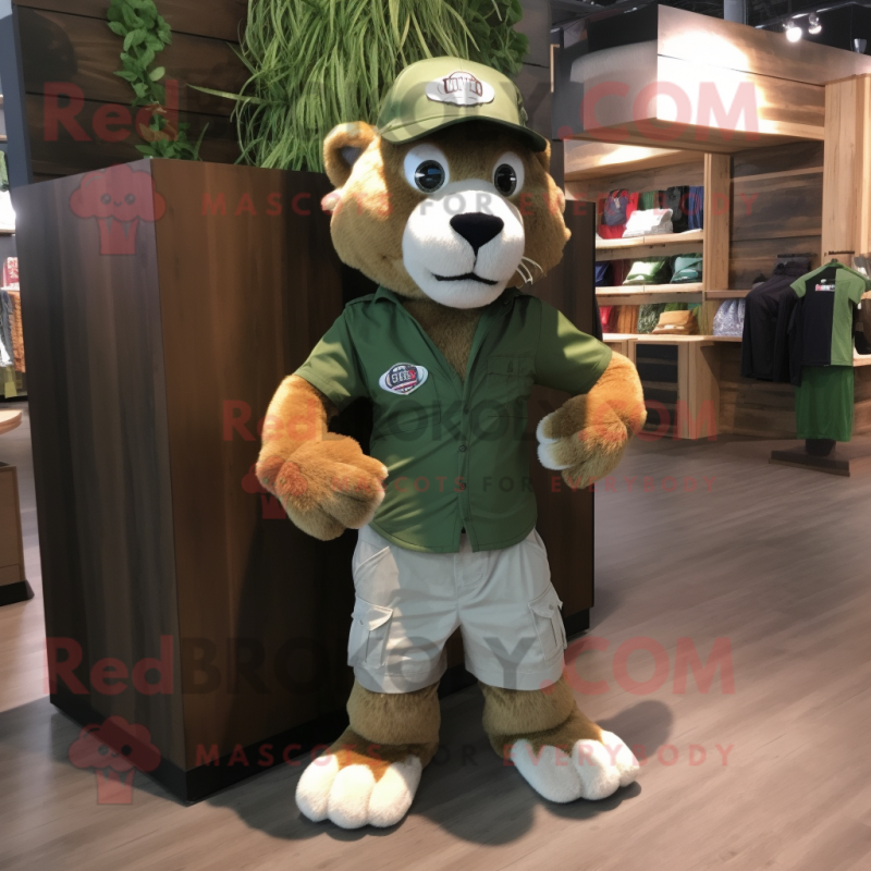 Forest Green Smilodon mascot costume character dressed with a Cargo Shorts and Caps