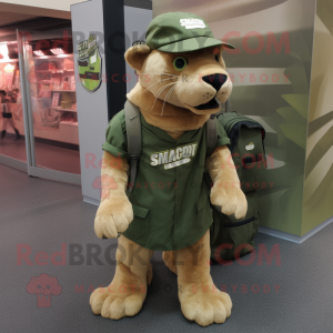 Forest Green Smilodon mascot costume character dressed with a Cargo Shorts and Caps