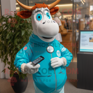 Turquoise Guernsey Cow mascot costume character dressed with a Raincoat and Smartwatches