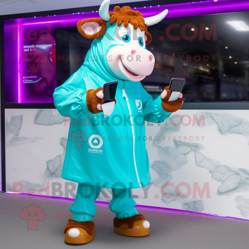 Turquoise Guernsey Cow mascot costume character dressed with a Raincoat and Smartwatches