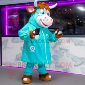 Turquoise Guernsey Cow mascot costume character dressed with a Raincoat and Smartwatches