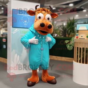 Turquoise Guernsey Cow mascot costume character dressed with a Raincoat and Smartwatches