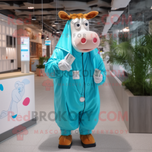 Turquoise Guernsey Cow mascot costume character dressed with a Raincoat and Smartwatches