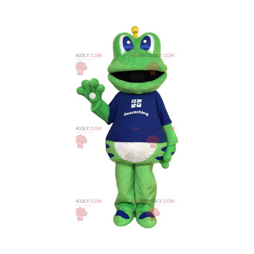 Mascote sapo verde com uma camiseta azul - Redbrokoly.com