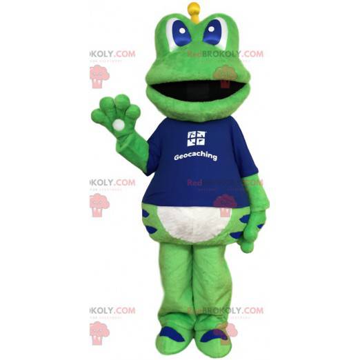 Mascote sapo verde com uma camiseta azul - Redbrokoly.com