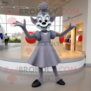 Gray Acrobat mascot costume character dressed with a A-Line Dress and Shoe clips