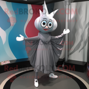 Gray Acrobat mascot costume character dressed with a A-Line Dress and Shoe clips