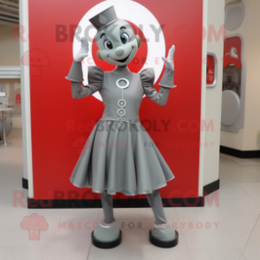 Gray Acrobat mascot costume character dressed with a A-Line Dress and Shoe clips