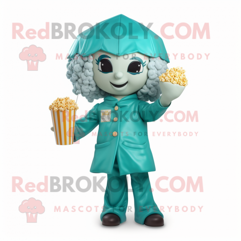 Teal Pop Corn mascot costume character dressed with a Raincoat and Hairpins