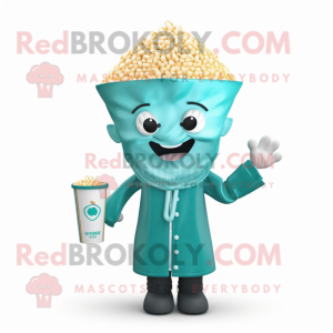 Teal Pop Corn mascot costume character dressed with a Raincoat and Hairpins