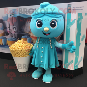Teal Pop Corn mascot costume character dressed with a Raincoat and Hairpins
