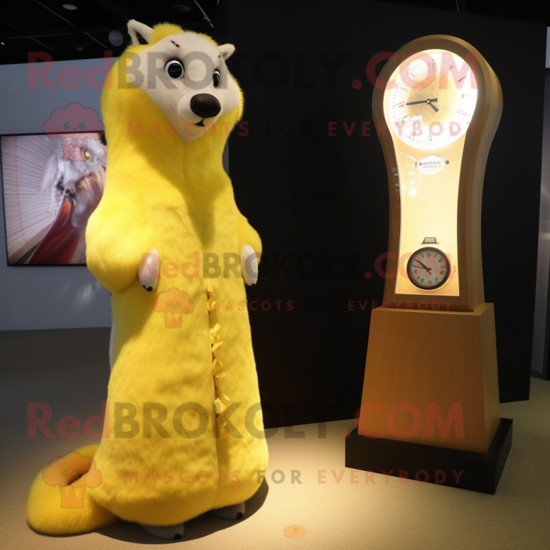 Yellow Ermine mascot costume character dressed with a Evening Gown and Watches