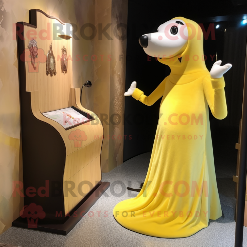 Yellow Ermine mascot costume character dressed with a Evening Gown and Watches