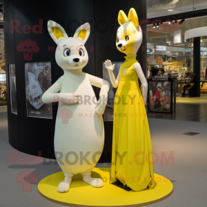 Yellow Ermine mascot costume character dressed with a Evening Gown and Watches