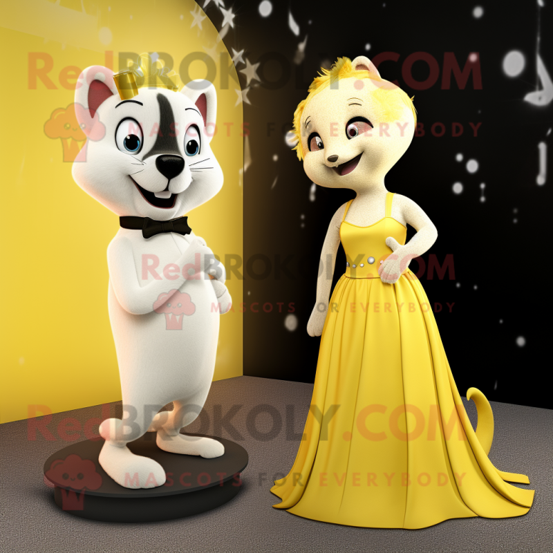 Yellow Ermine mascot costume character dressed with a Evening Gown and Watches